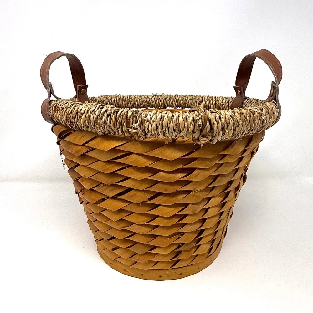 Rustic Woven Wood Basket with Seagrass Rim and Leather Handles Brown 11x8